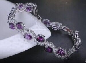 Purple Oval Link Zirconia Silver Plated Bracelet Elegant Styling 7.87 inches